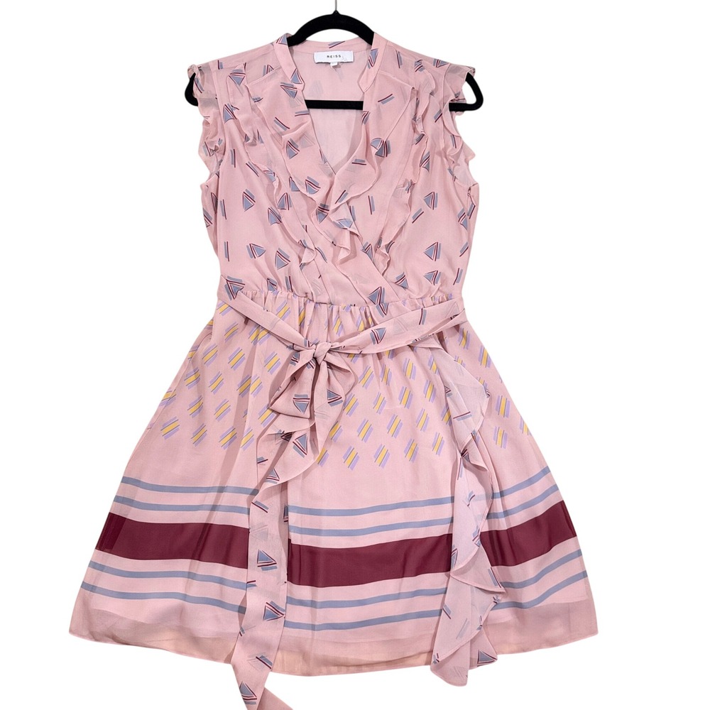 Reiss Women's Pink Geometric Print Ruffle Wrap Dress Size US 4